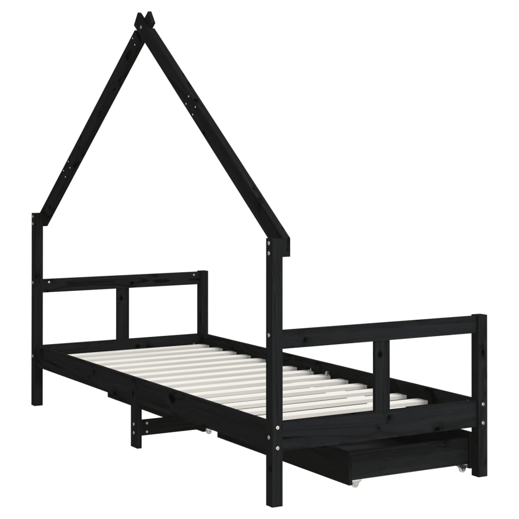 vidaXL Kids Bed Frame with Drawers Black 80x200 cm Solid Wood Pine