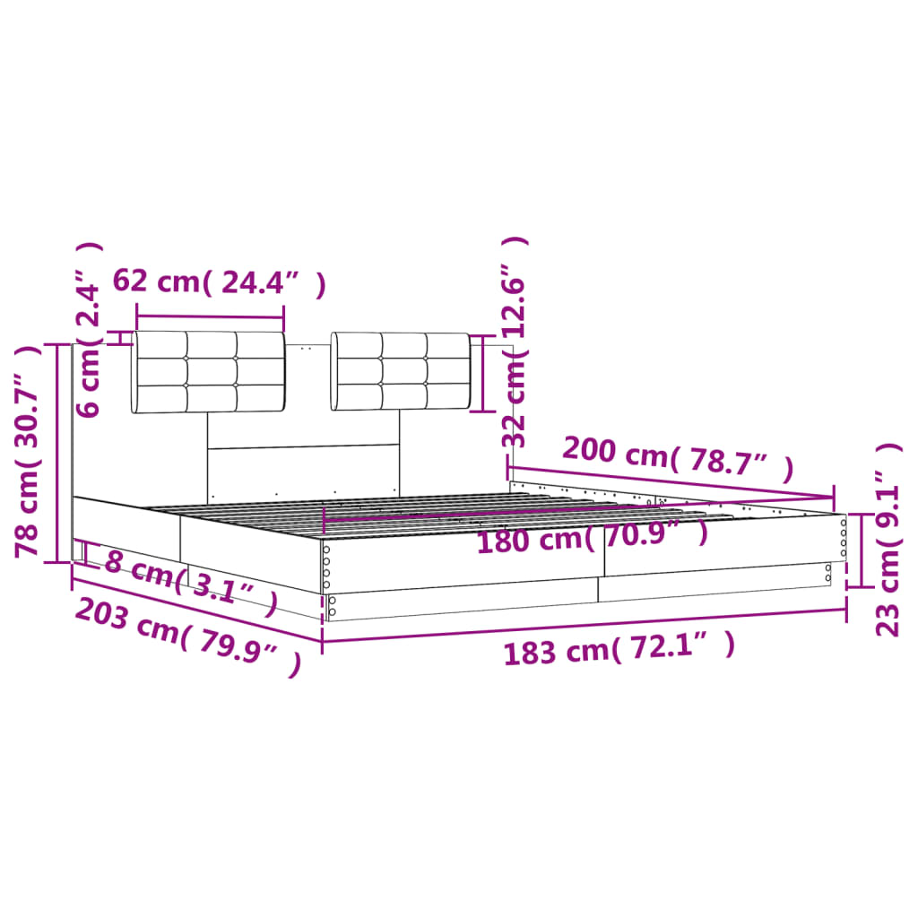 vidaXL Bed Frame without Mattress Grey Sonoma 180x200 cm Super King