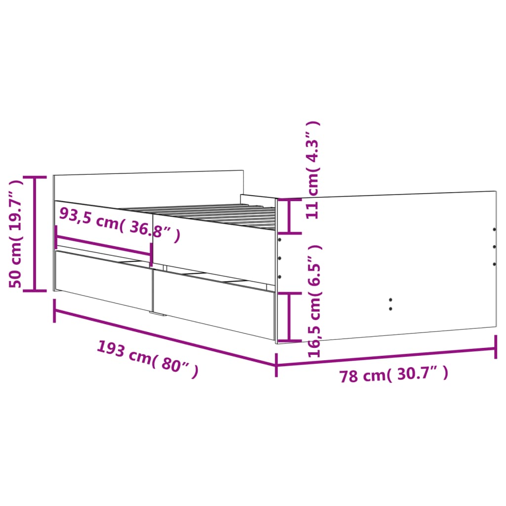 vidaXL Bed Frame without Mattress Sonoma Oak 75x190 cm Small Single