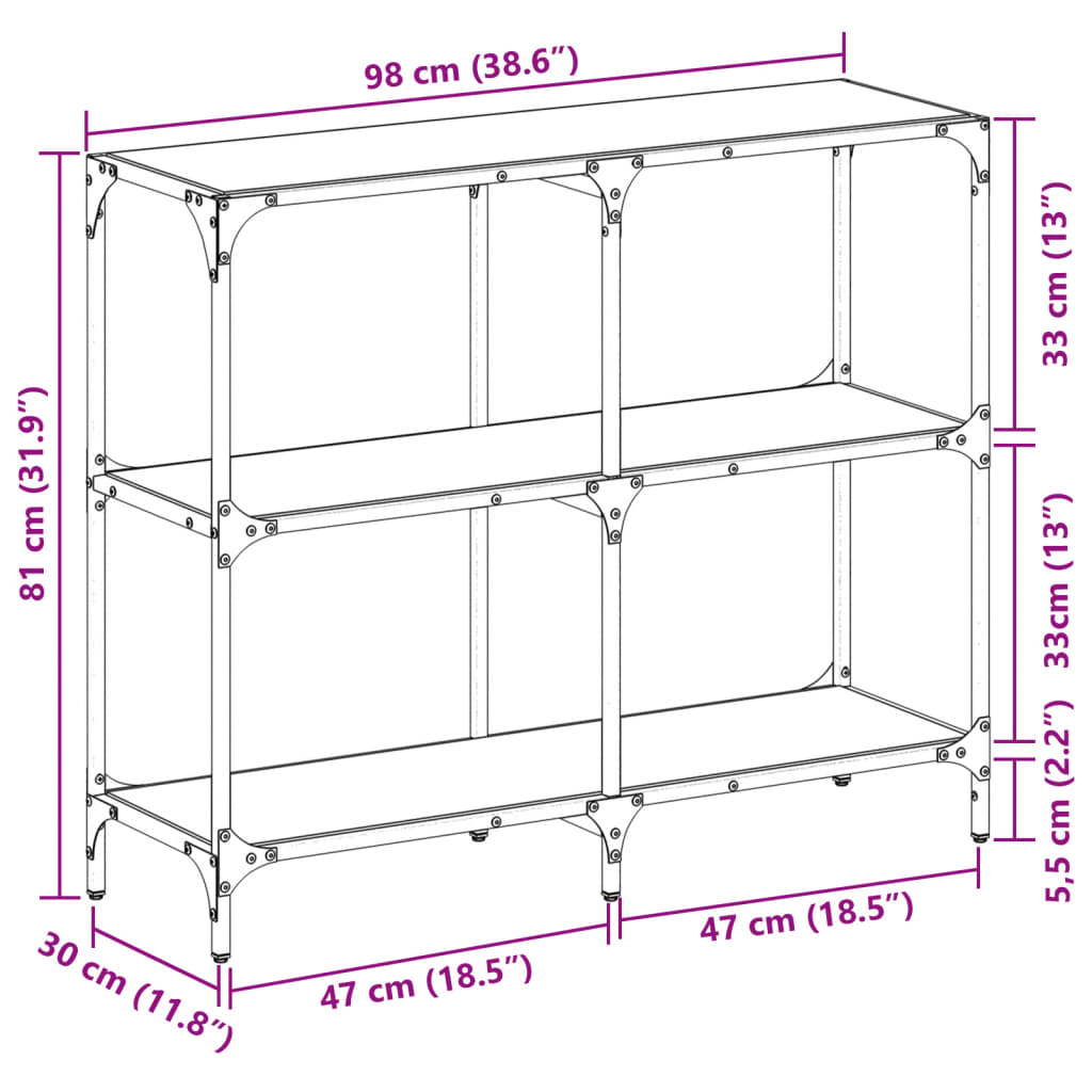 vidaXL Console Table with Black Glass Top 98x30x81 cm Steel