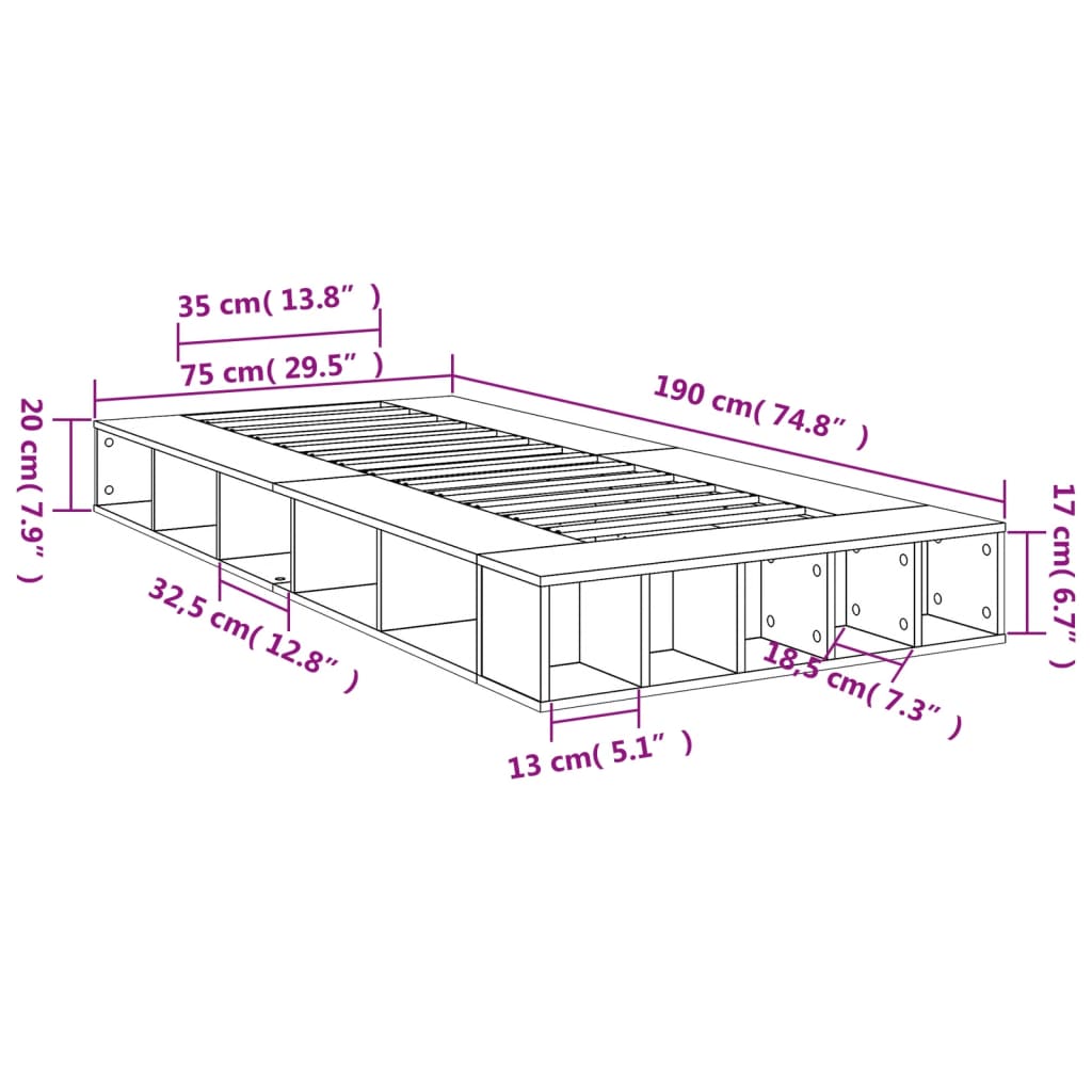 vidaXL Bed Frame without Mattress Smoked Oak 75x190 cm Small Single