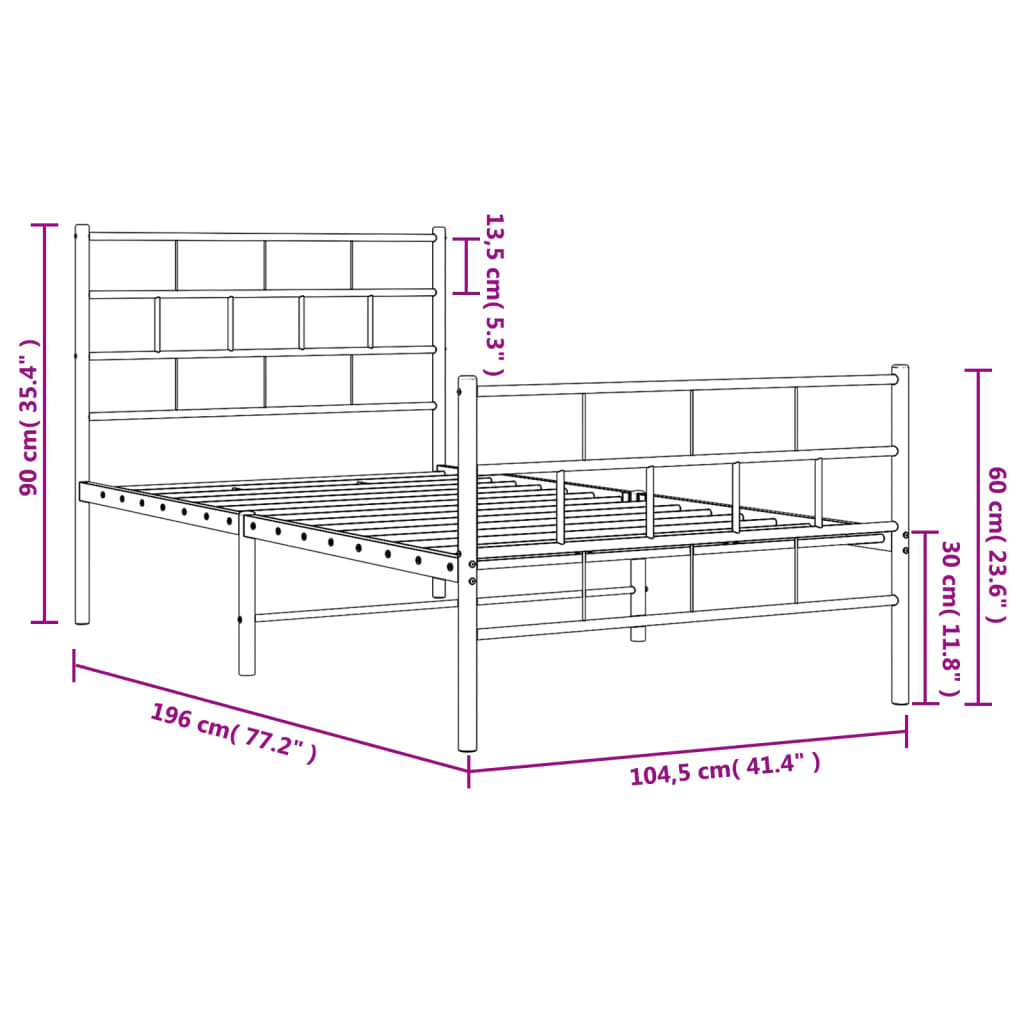 vidaXL Metal Bed Frame without Mattress with Footboard White 100x190 cm