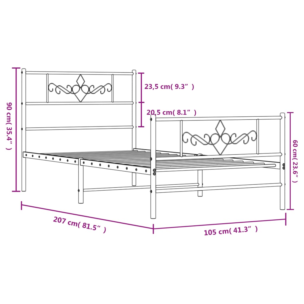 vidaXL Metal Bed Frame without Mattress with Footboard Black 100x200 cm