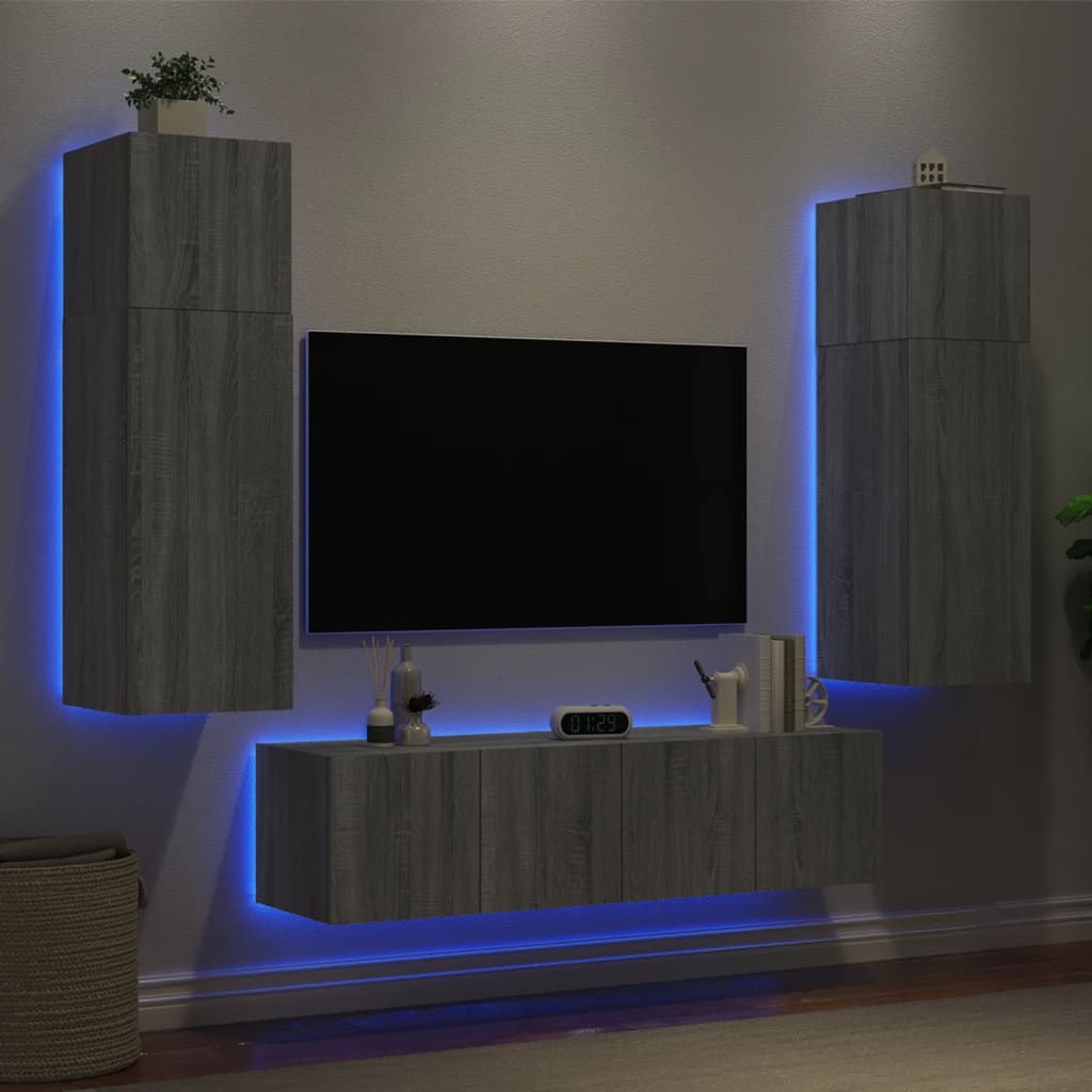 vidaXL 6 Piece TV Wall Units with LED Grey Sonoma Engineered Wood