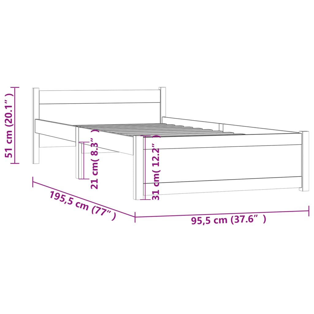 vidaXL Bed Frame without Mattress White Solid Wood 90x190 cm Single