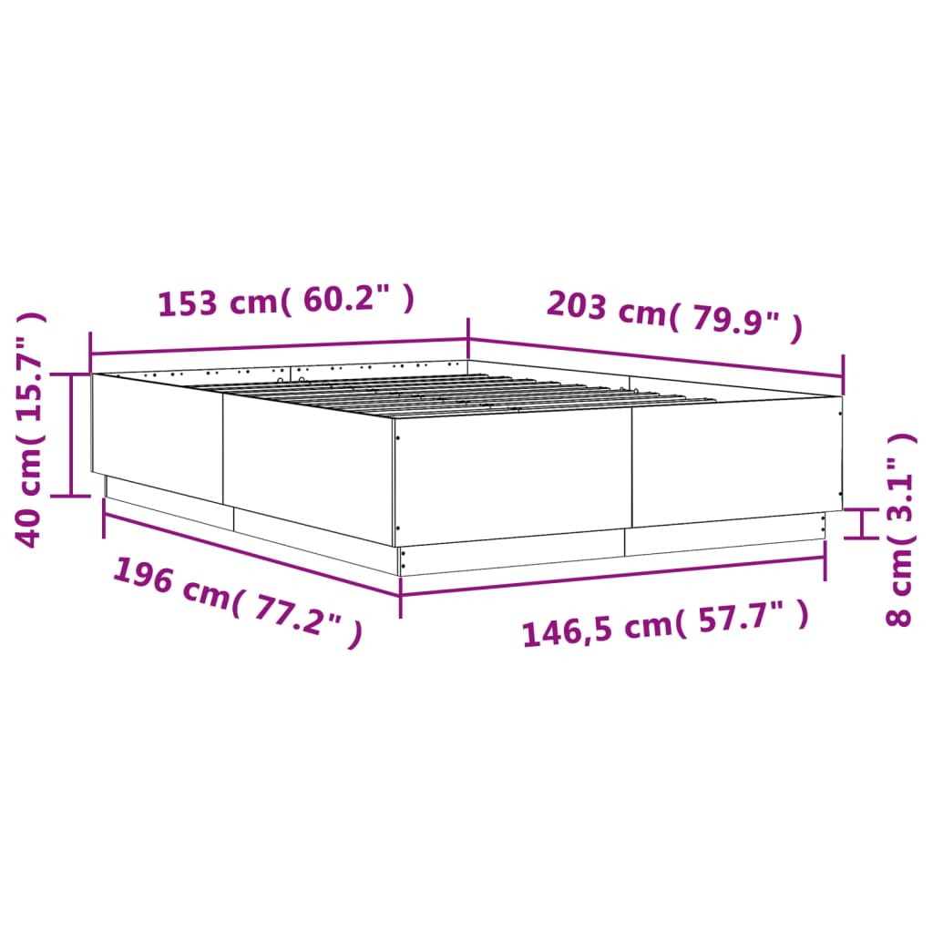 vidaXL Bed Frame with LED Lights Grey Sonoma 150x200 cm King Size Engineered Wood