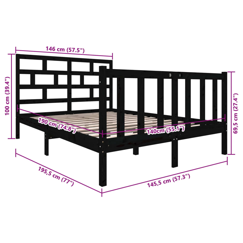 vidaXL Bed Frame without Mattress Black Solid Wood 140x190 cm (810066+814198)