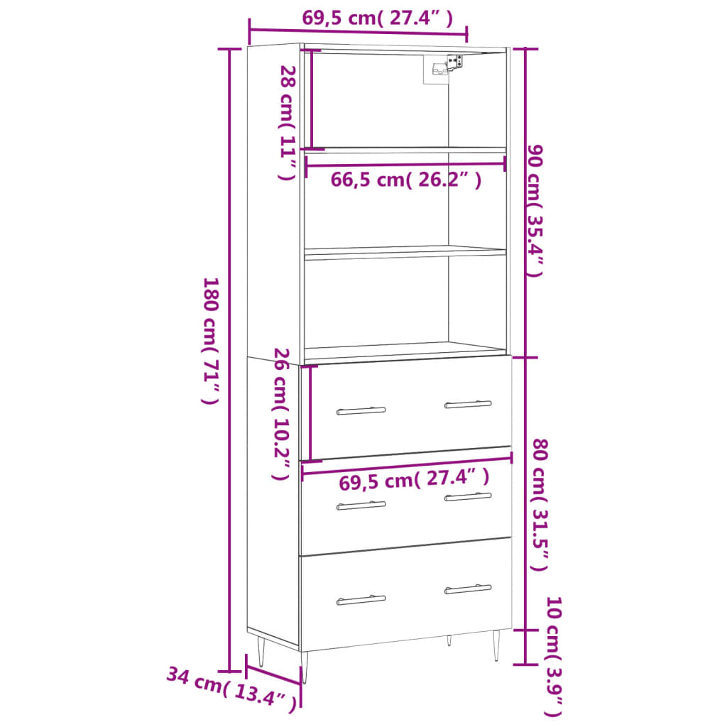 vidaXL Highboard Sonoma Oak 69.5x34x180 cm Engineered Wood