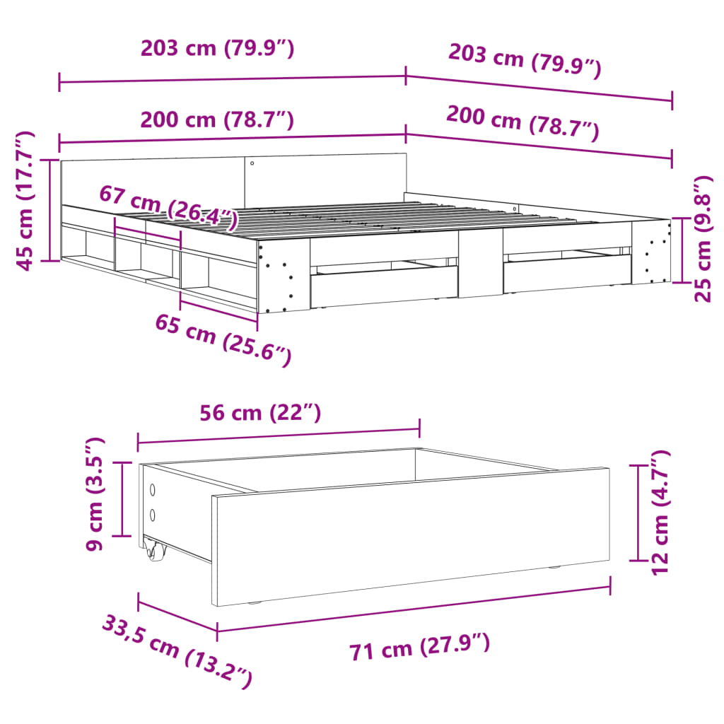 vidaXL Bed Frame with Drawers without Mattress Sonoma Oak 200x200 cm