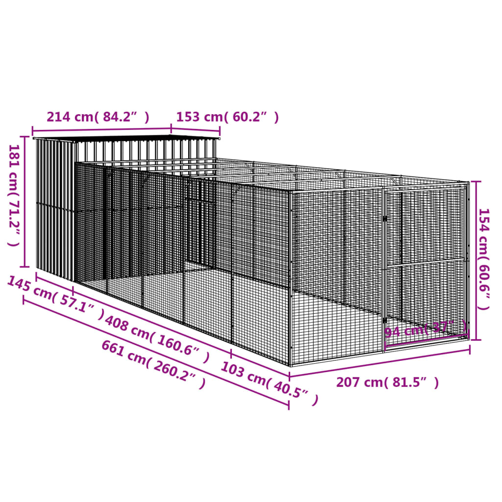 vidaXL Dog House with Run Anthracite 214x661x181 cm Galvanised Steel