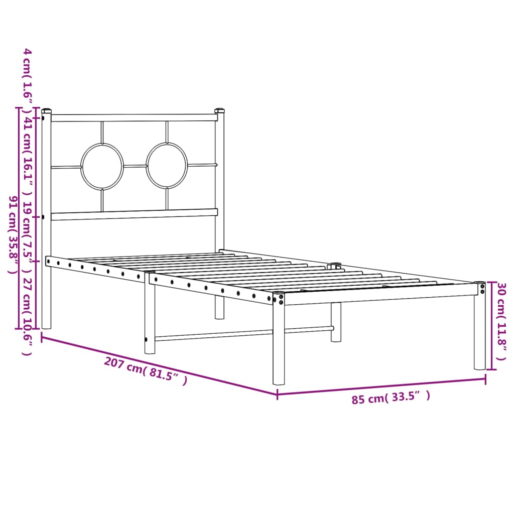 vidaXL Metal Bed Frame without Mattress with Headboard Black 80x200 cm