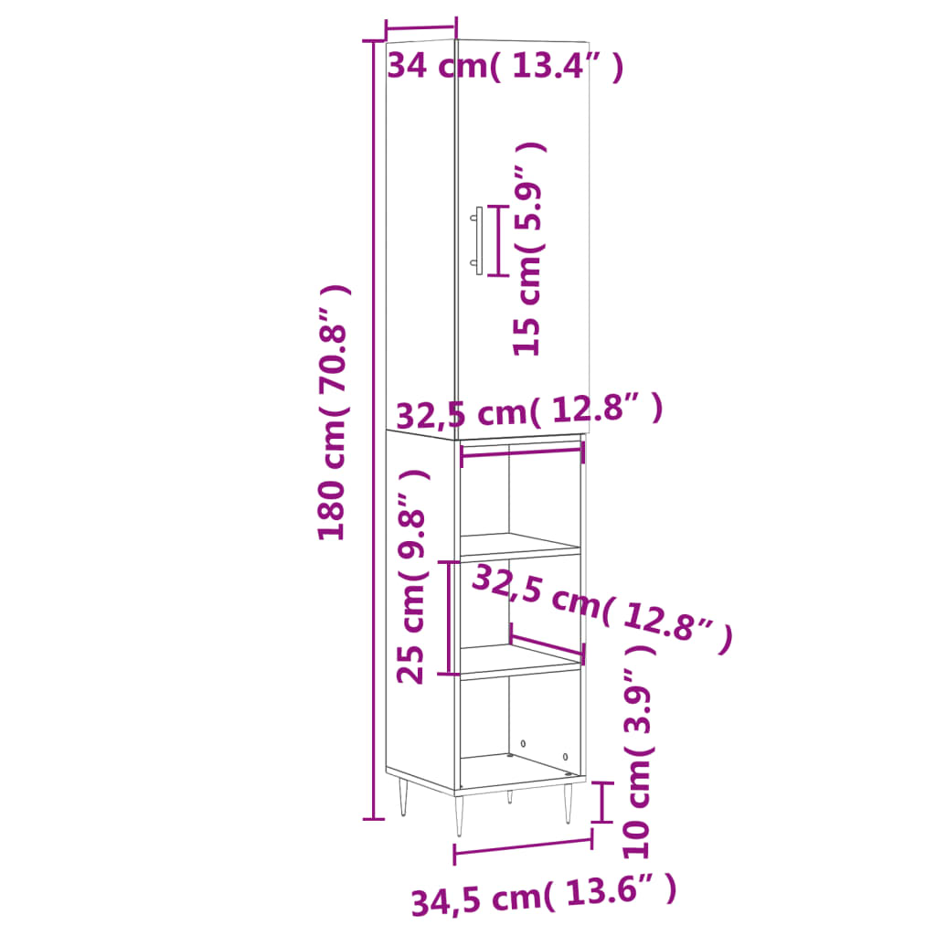 vidaXL Highboard Concrete Grey 34.5x34x180 cm Engineered Wood