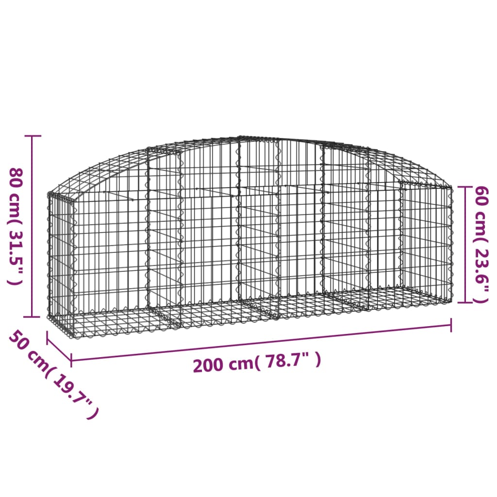 vidaXL Arched Gabion Basket 200x50x60/80 cm Galvanised Iron