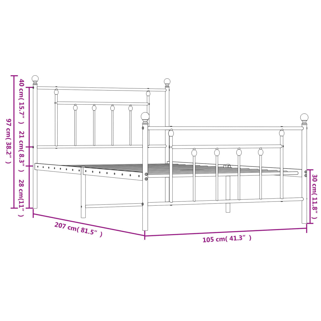 vidaXL Metal Bed Frame without Mattress with Footboard White 100x200 cm