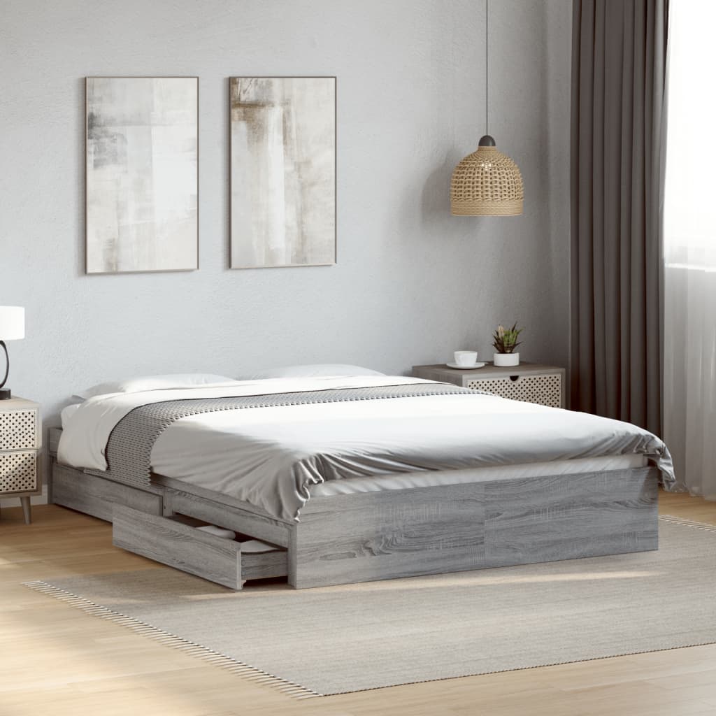 vidaXL Bed Frame with Drawers Grey Sonoma 140x190 cm Engineered Wood