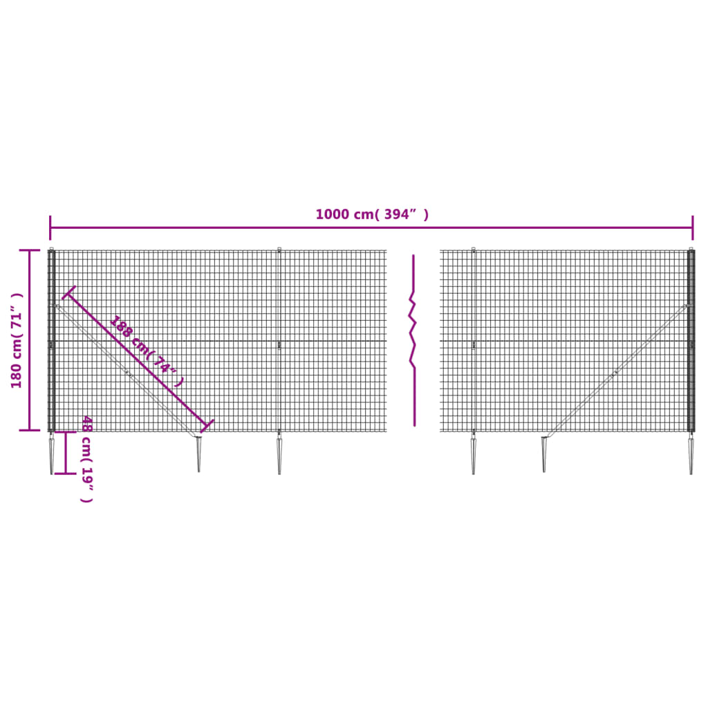 vidaXL Wire Mesh Fence with Spike Anchors Anthracite 1.8x10 m