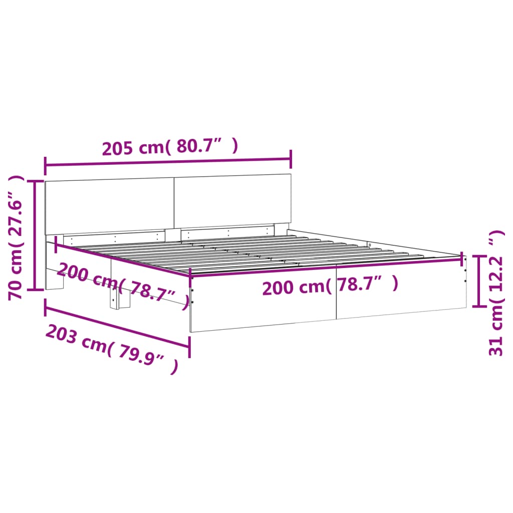 vidaXL Bed Frame with LED without Mattress Grey Sonoma 200x200 cm