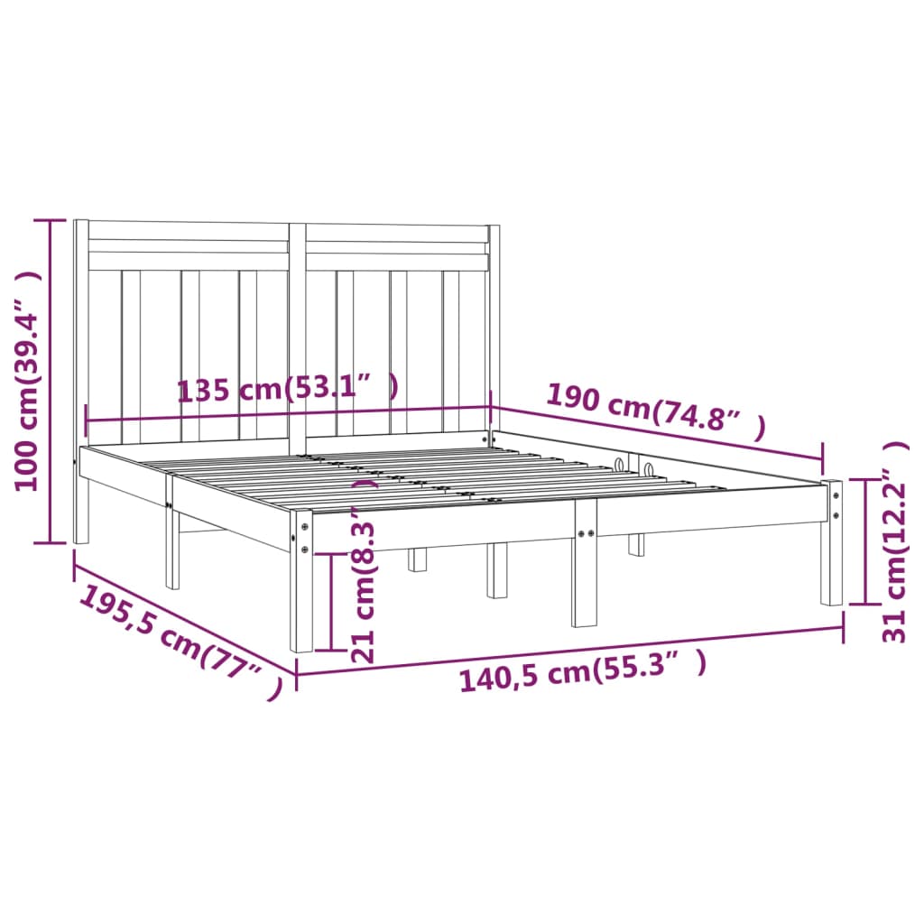 vidaXL Bed Frame without Mattress Black 135x190 cm Double Solid Wood