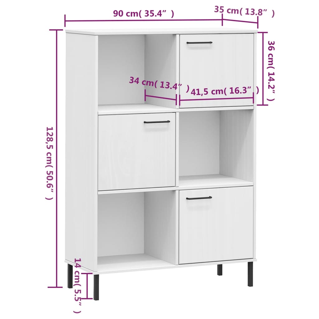 vidaXL Bookcase with Metal Legs White 90x35x128.5 cm Solid Wood OSLO