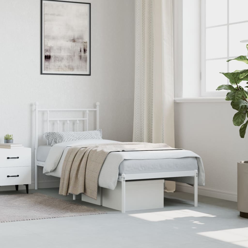 vidaXL Metal Bed Frame without Mattress with Headboard White 75x190 cm Small Single