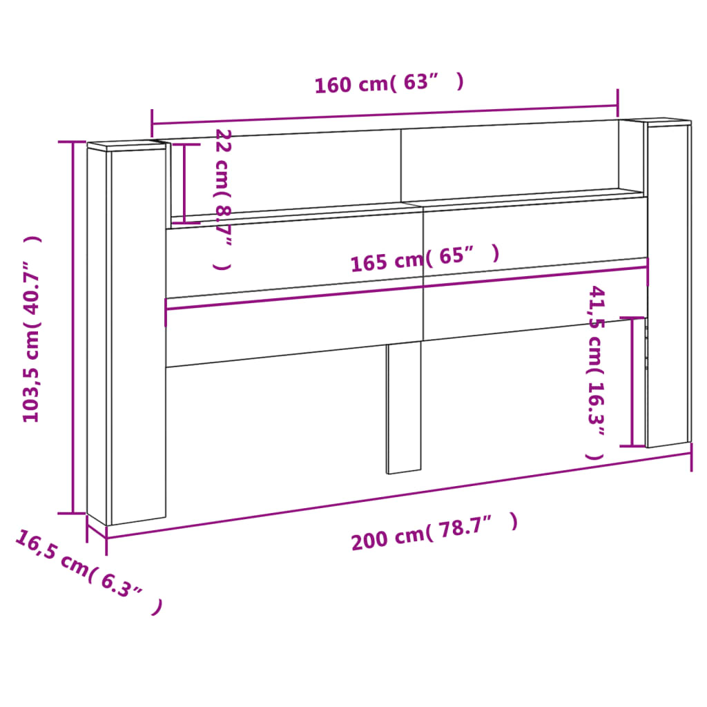 vidaXL Headboard Cabinet with LED Grey Sonoma 200x16.5x103.5 cm