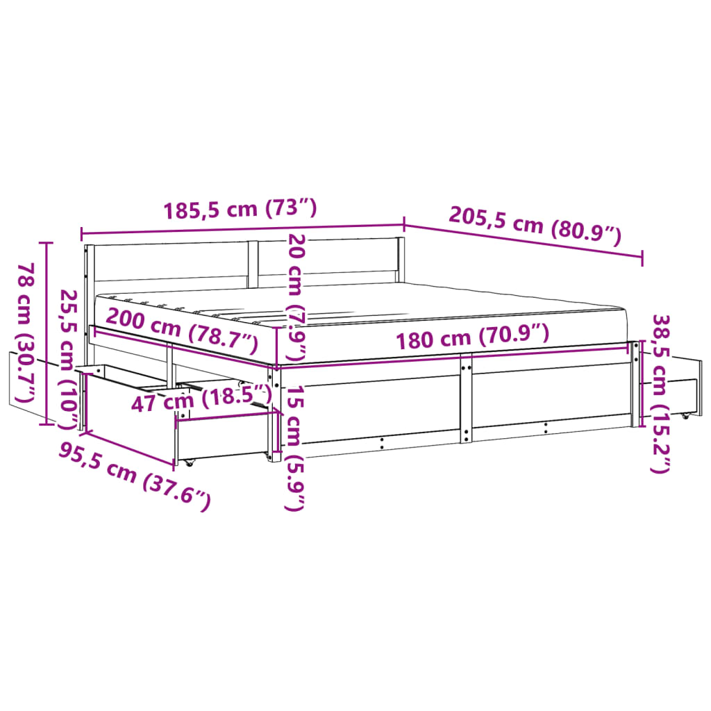 vidaXL Bed with Drawers and Mattress Wax Brown 180x200 cm Super King Solid Wood Pine