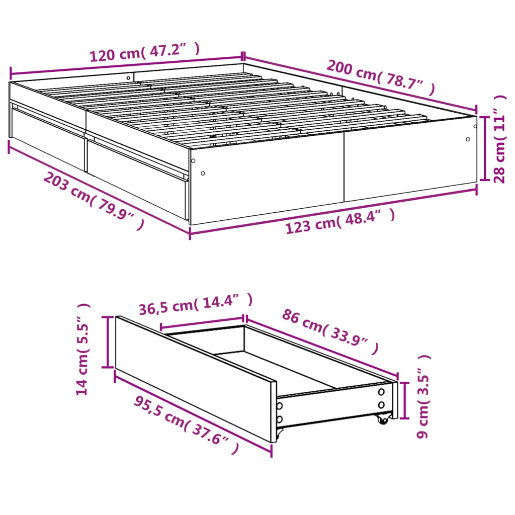 vidaXL Bed Frame with Drawers without Mattress Smoked Oak 120x200 cm