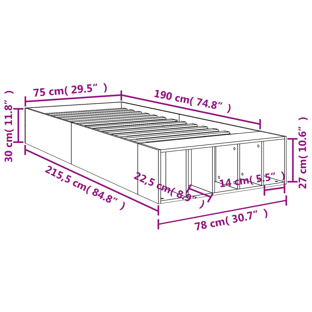 vidaXL Bed Frame without Mattress Sonoma Oak 75x190 cm Small Single