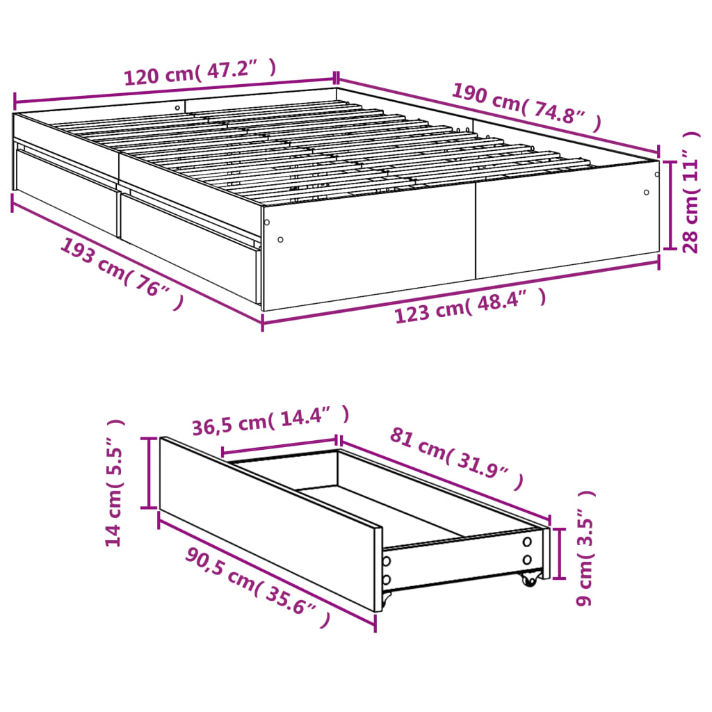 vidaXL Bed Frame with Drawers without Mattress Concrete Grey 120x190 cm Small Double