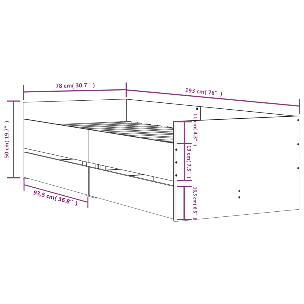 vidaXL Bed Frame without Mattress Grey Sonoma 75x190 cm Small Single