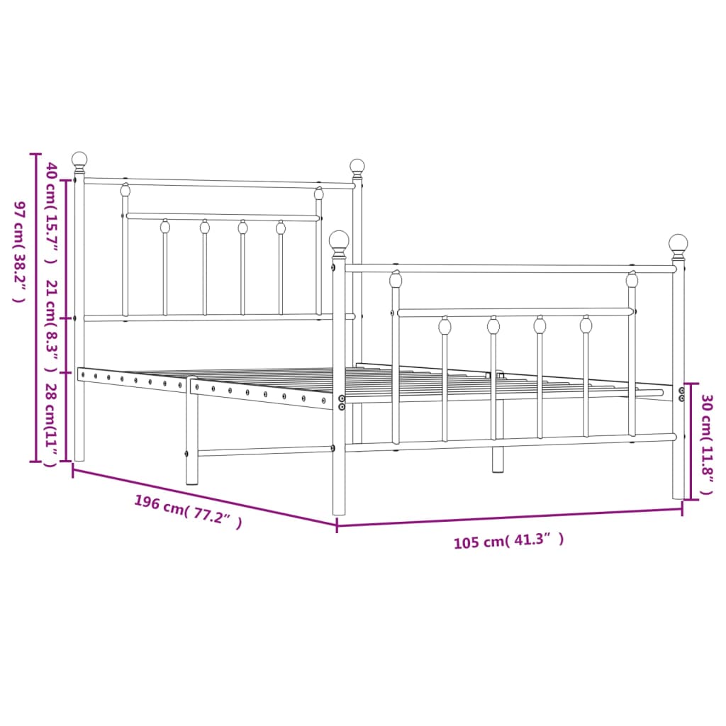 vidaXL Metal Bed Frame without Mattress with Footboard White 100x190 cm