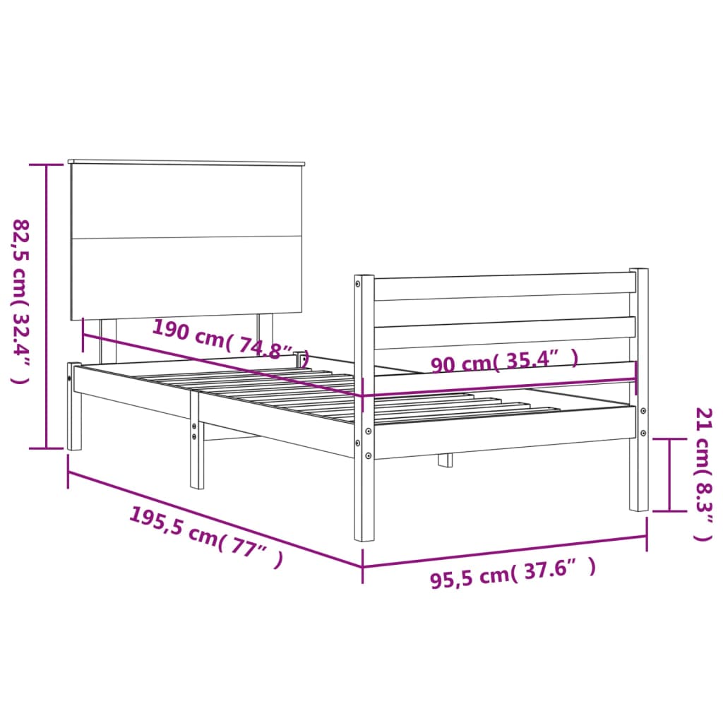 vidaXL Bed Frame with Headboard White Single Solid Wood