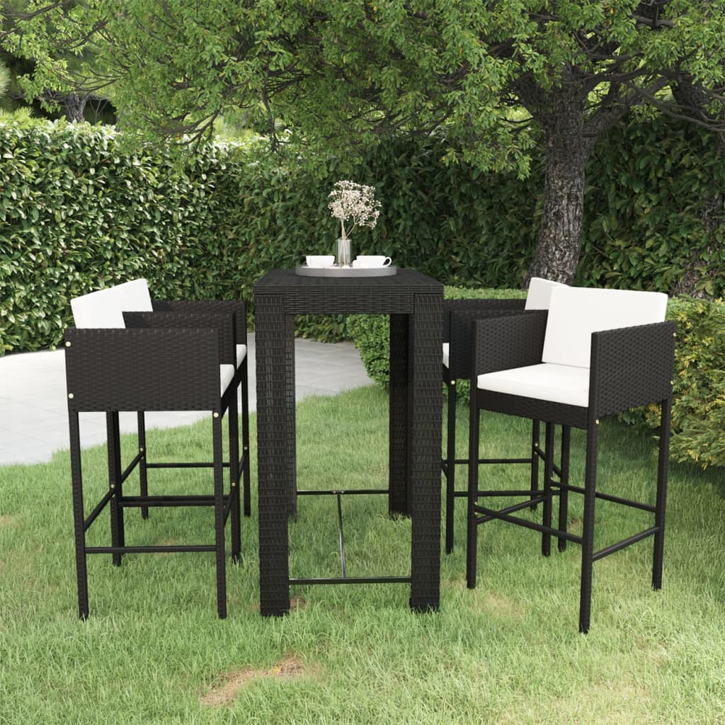 vidaXL 5 Piece Garden Bar Set with Cushions Poly Rattan Black