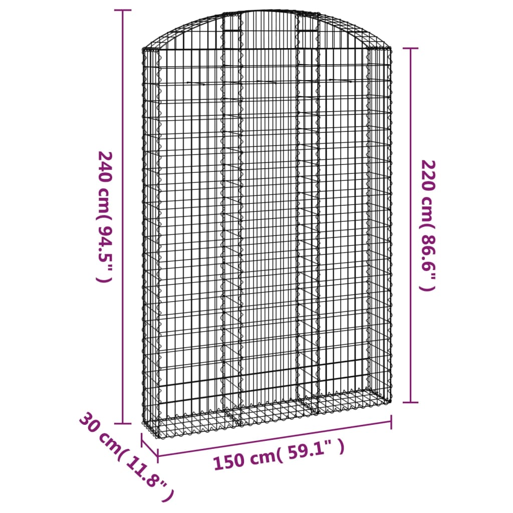 vidaXL Arched Gabion Basket 150x30x220/240 cm Galvanised Iron