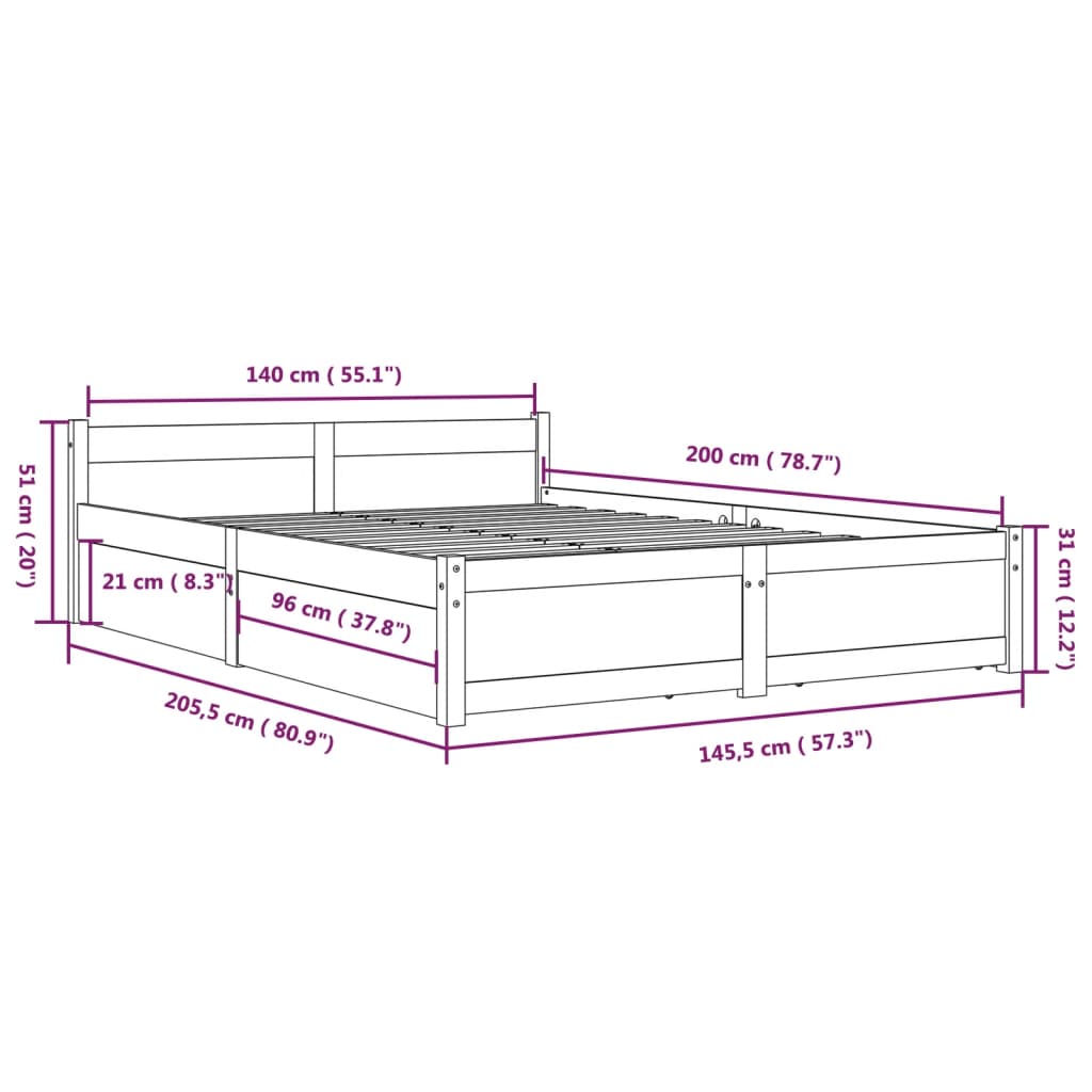 vidaXL Bed Frame without Mattress with Drawers 140x200 cm (815044+814999)