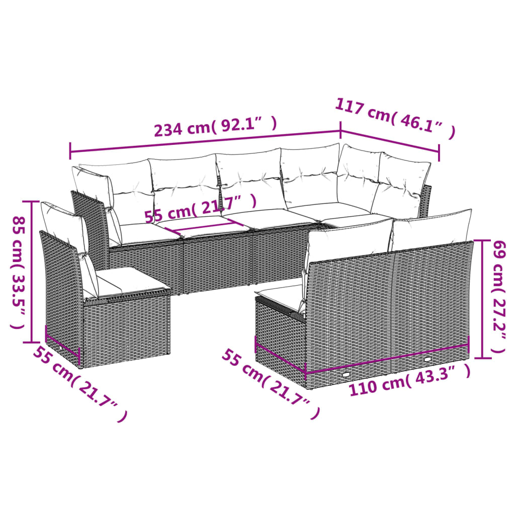 vidaXL 8 Piece Garden Sofa Set with Cushions Black Poly Rattan