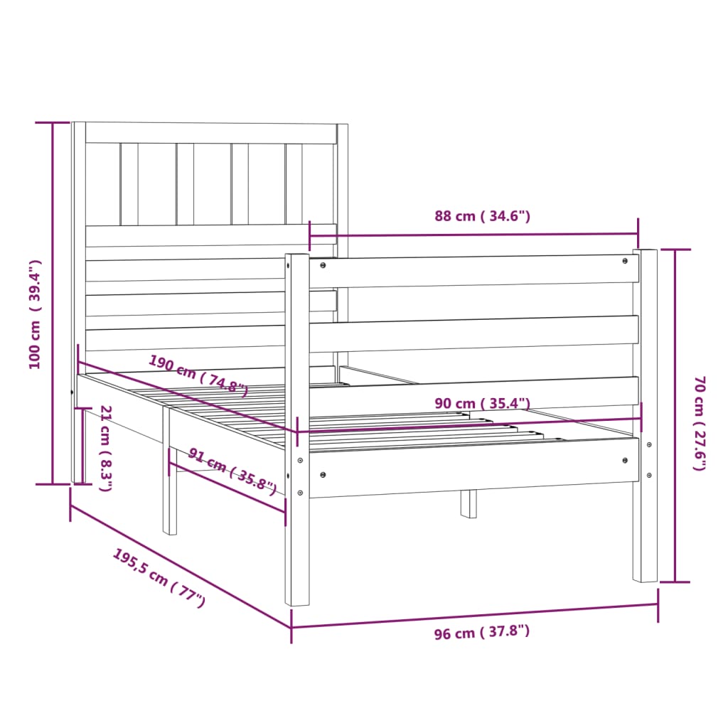 vidaXL Bed Frame without Mattress 90x190 cm Single Solid Wood