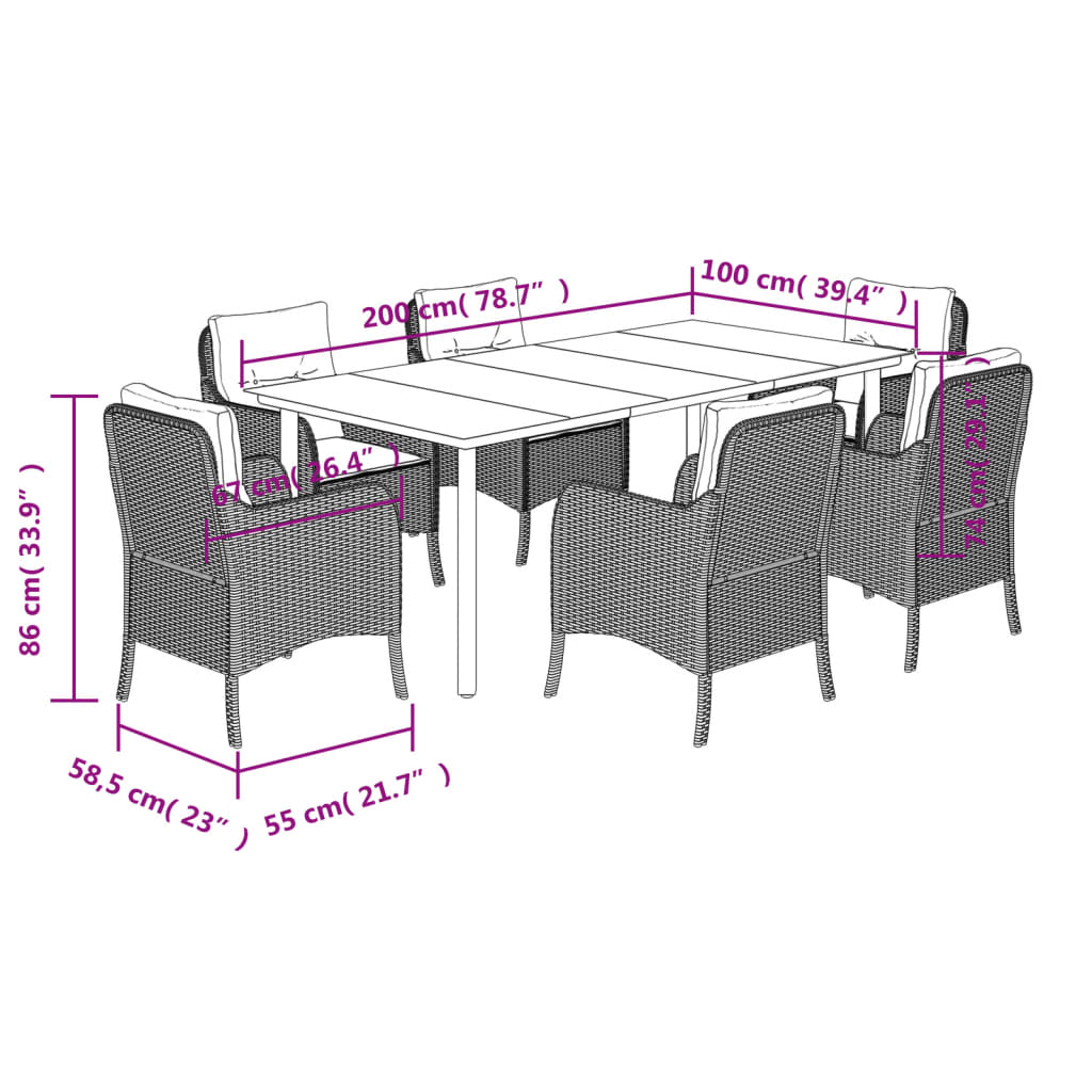 vidaXL 7 Piece Garden Dining Set with Cushions Grey Poly Rattan