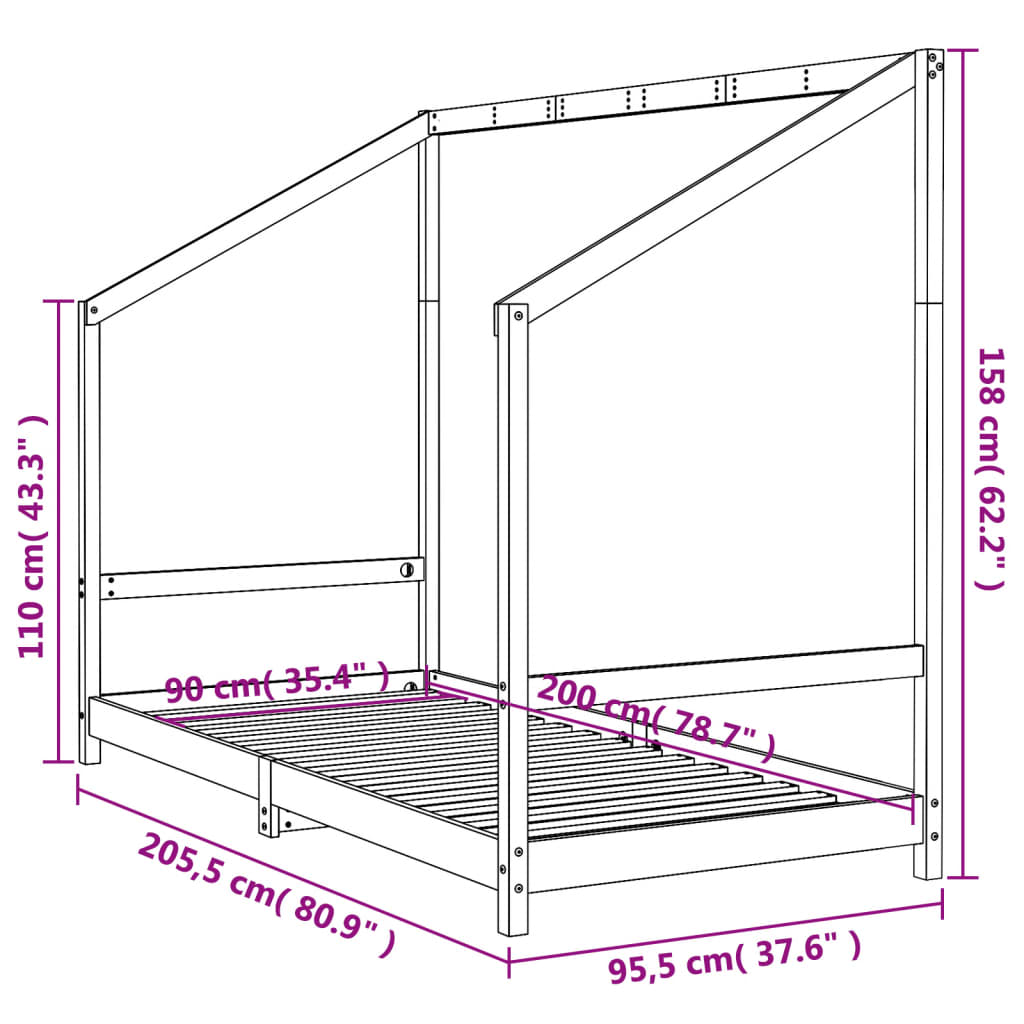 vidaXL Kids Bed Frame Black 90x200 cm Solid Wood Pine