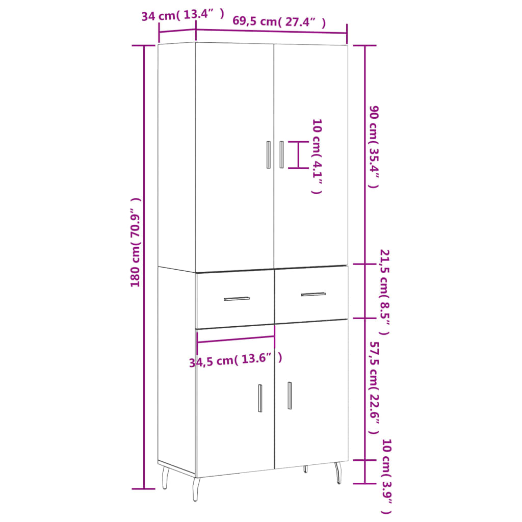 vidaXL Highboard Grey Sonoma 69.5x34x180 cm Engineered Wood