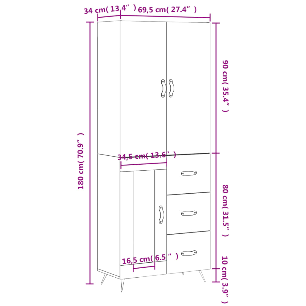 vidaXL Highboard White 69.5x34x180 cm Engineered Wood