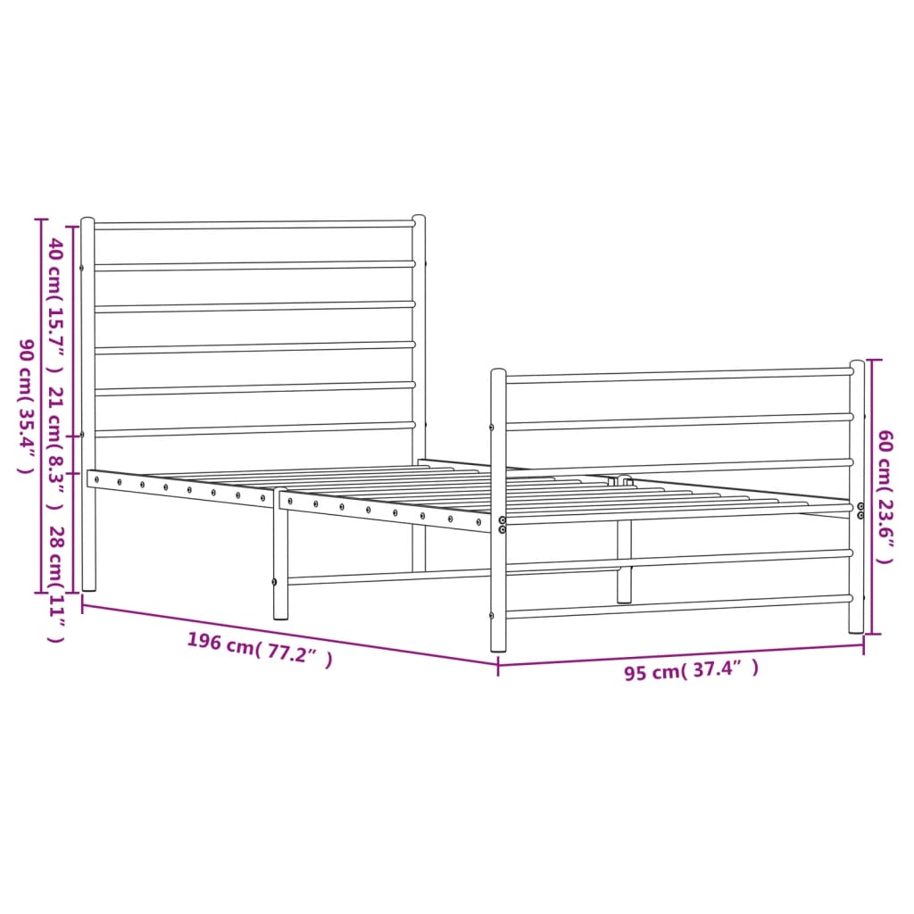 vidaXL Metal Bed Frame without Mattress with Footboard White 90x190 cm Single