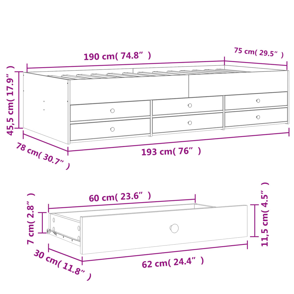 vidaXL Daybed with Drawers without Mattress Concrete Grey 75x190 cm Small Single