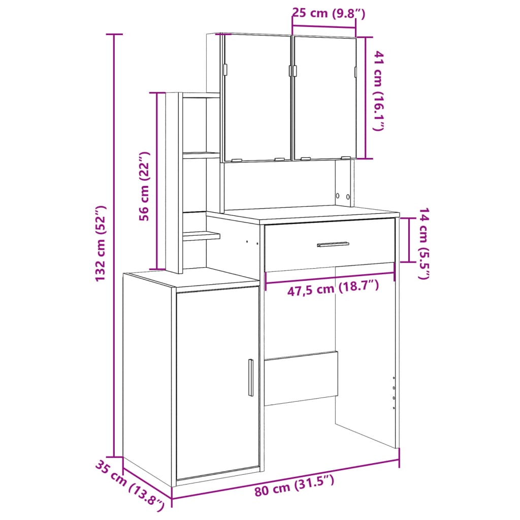 vidaXL Dressing Table with Cabinet Grey Sonoma 80x35x132 cm