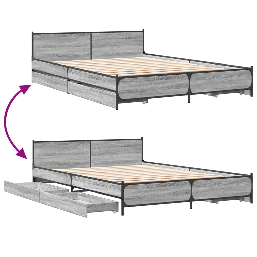 vidaXL Bed Frame with Drawers without Mattress Grey Sonoma 140x200 cm