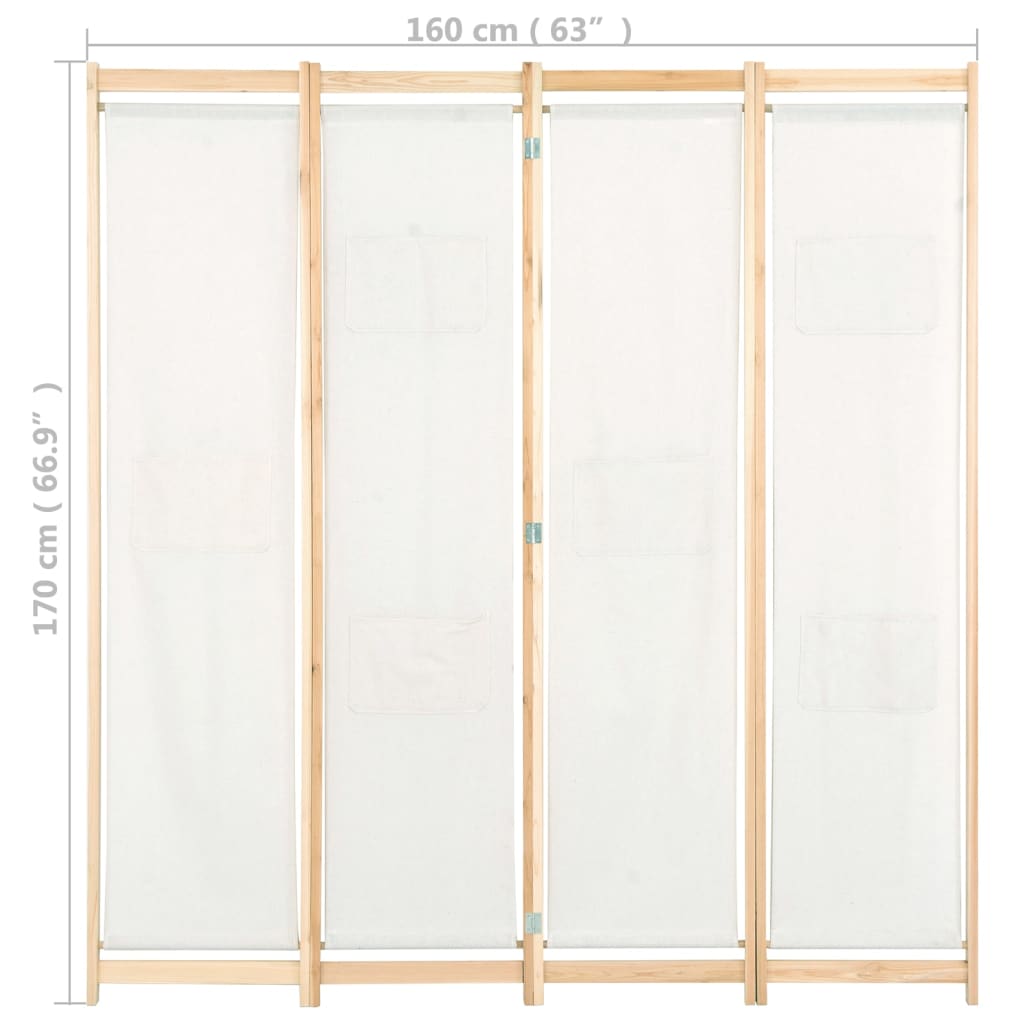 vidaXL 4-Panel Room Divider Cream 160x170x4 cm Fabric