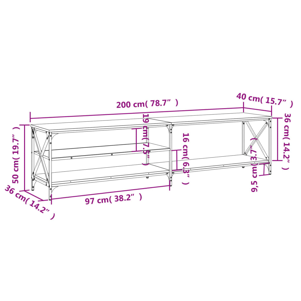 vidaXL TV Cabinet Brown Oak 200x40x50 cm Engineered Wood and Metal