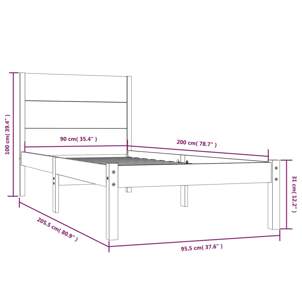 vidaXL Bed Frame without Mattress Grey 90x200 cm Solid Wood Pine