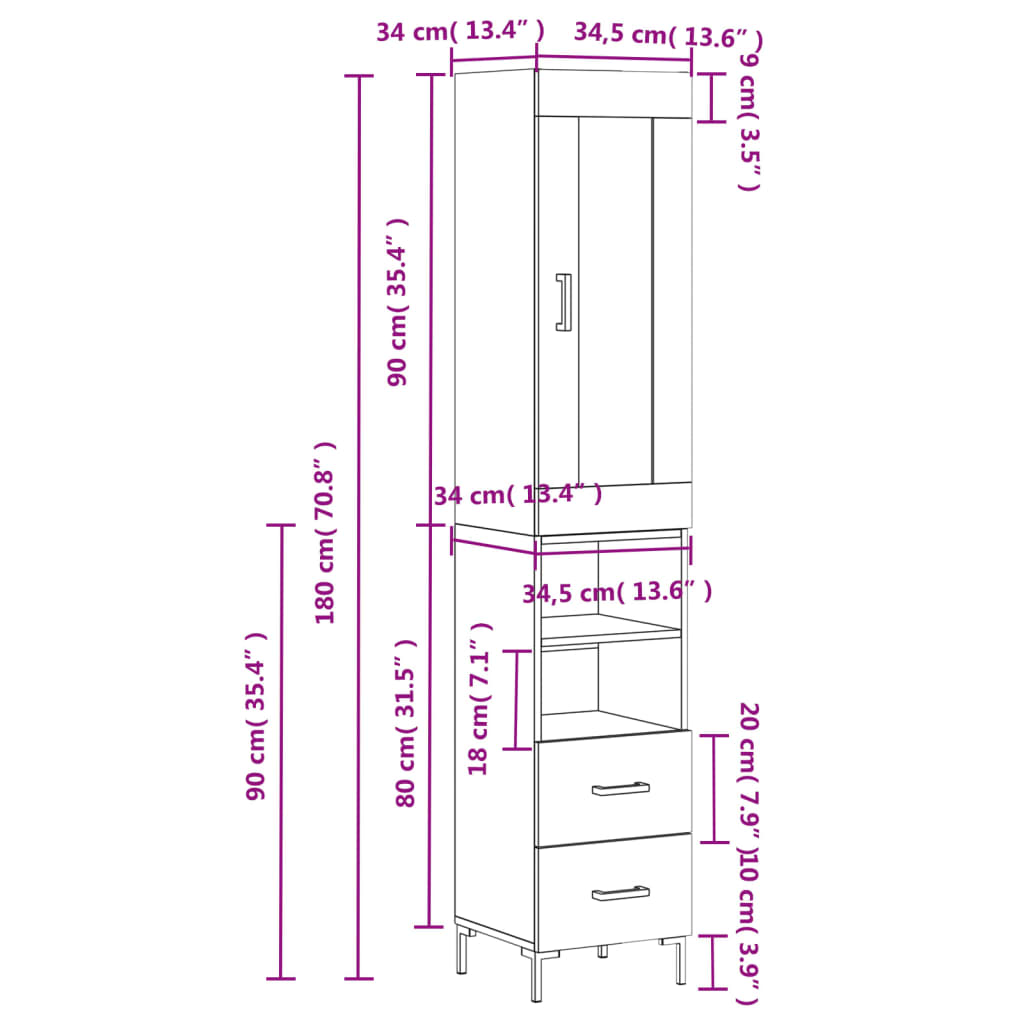 vidaXL Highboard White 34.5x34x180 cm Engineered Wood