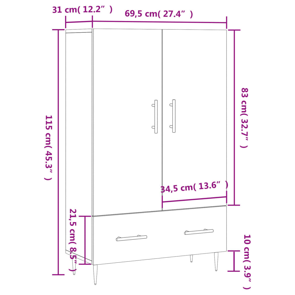 vidaXL Highboard Concrete Grey 69.5x31x115 cm Engineered Wood